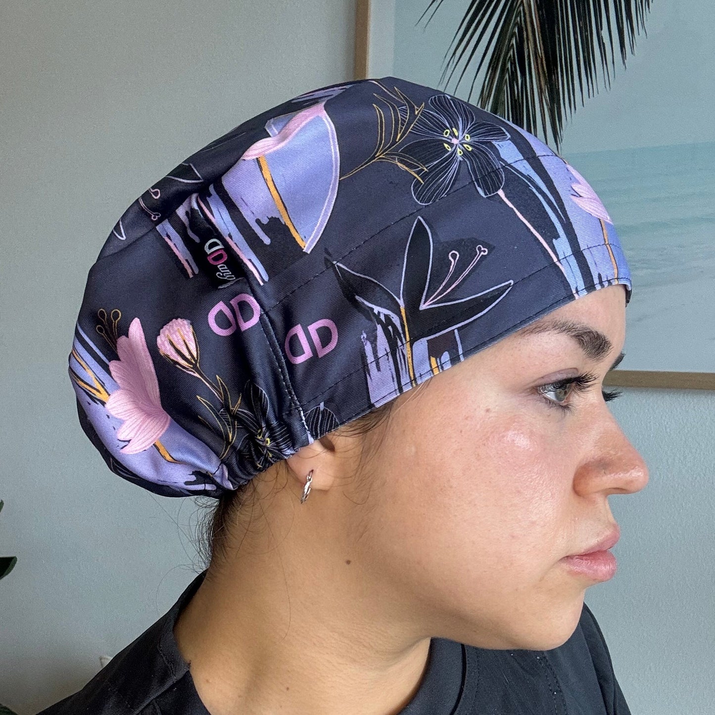 Scrub Hat - Black Flowers