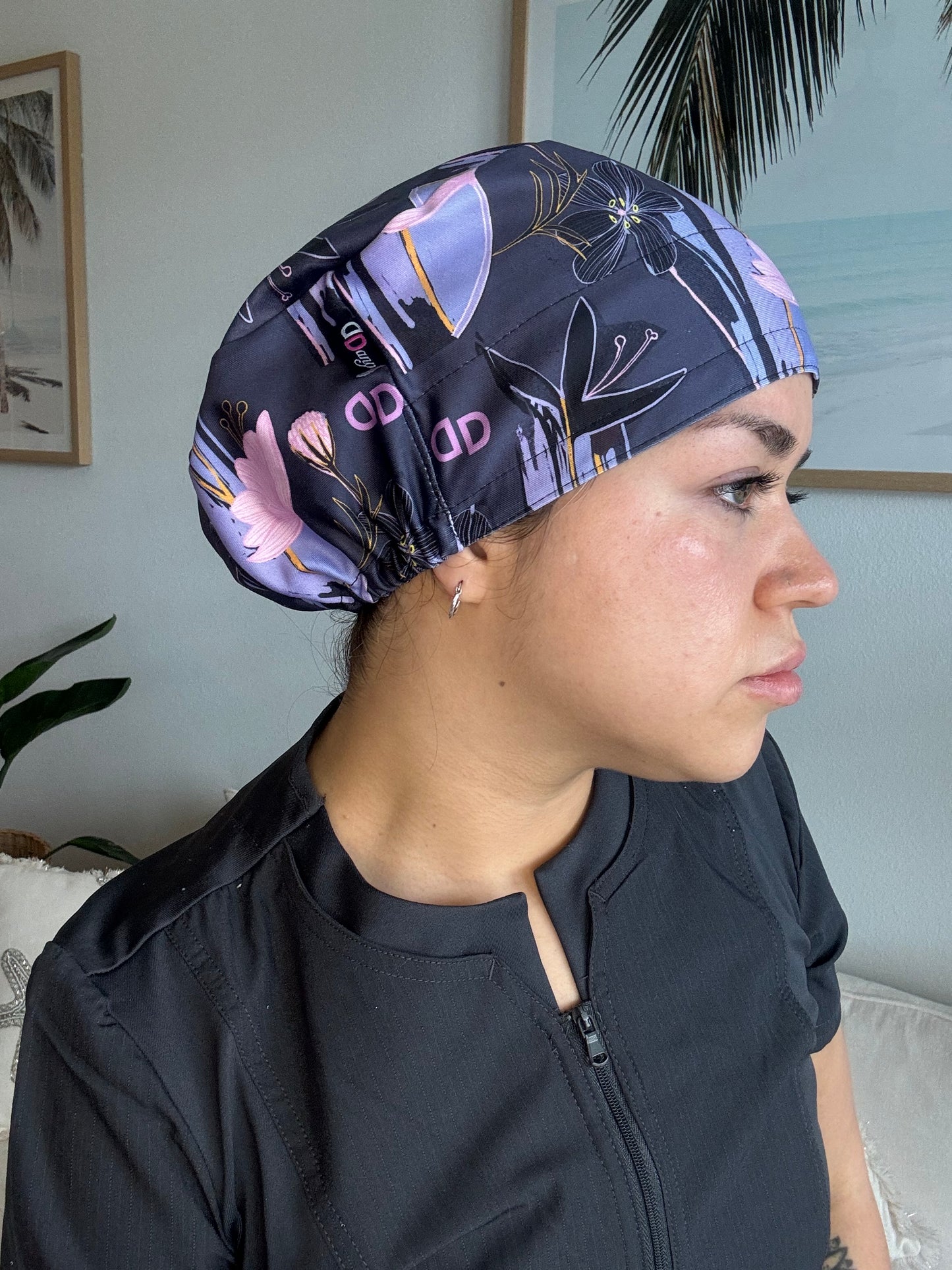 Scrub Hat - Black Flowers